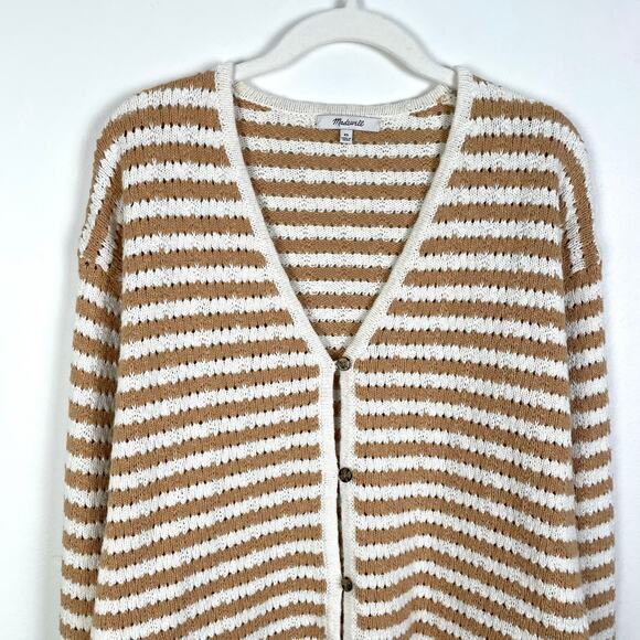 Madewell Open Knit Striped Cardigan Sweater White Tan Button Front Cotton XS - Picture 9 of 15